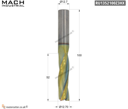 RU1352100Z3HX Solid tungsten carbide 3 flute up cut spiral router bit with progressive PVD nano coating. For faster feed rates with CNC nesting. Harder grade tungsten carbide with nano coating for abrasive materials. Best finishing when trimming.