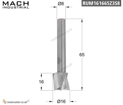 8mm Shank up cut 3 flute router bit for low powered routers and spindles, Shaper Origin, Makita and DeWalt palm routers. Hogging and clearing, plunge and side milling. PVD nano coated for longer cutting life. 16mm Cutting edge diameter CED. 16mm CEL.