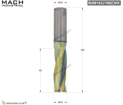 16mm Solid tungsten carbide 3 flute up cut spiral router bit. Mach Industrial RUM1652100Z3HX with nano composite coating. CNC nesting and pocketing. Faster feedrate, better chip ejection, longer life tungsten carbide, smooth edge finishing.
