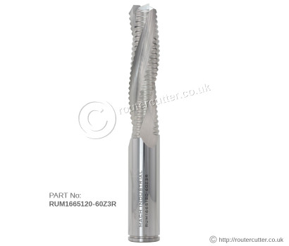 16mm Shank Mach Industrial RUM1665120-60Z3R bevel end 3 flute up cut roughing spiral bit. For CNC production works, offers higher feedrates.