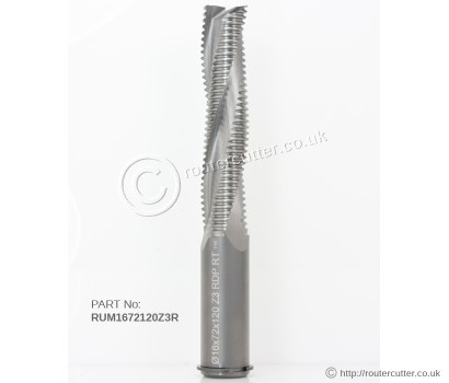RUM1672120Z3R Solid Carbide Up Cut 3 Flute Roughing Spiral Router Bit. Designed for CNC production, cutting MDF, HDF, MFC, laminmated boards; plywood; hardwoods and softwoods. Machined in Europe.