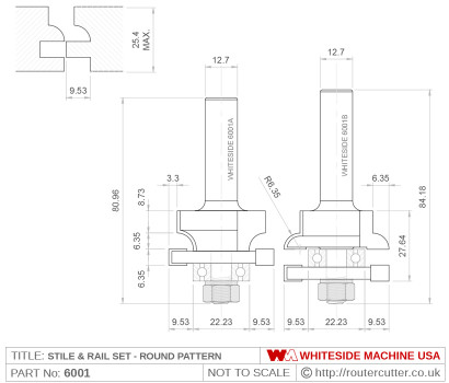 Whiteside 6001 Stile & Rail Round Pattern Router Bit Set