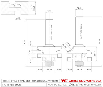 Whiteside 6005 Stile & Rail Traditional Pattern Router Bit Set