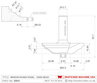 Whiteside 5954 Medium Raised Panel Ogee Bead Pattern Router Bit