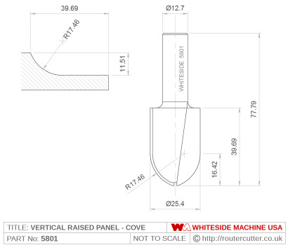 Whiteside 5801 vertical raised panel router bit; Whiteside 5801 cove pattern; router table recommended; traditional raised panel construction; fielded panel construction; timber door joinery; drawer front joinery; traditional joinery and carpentry joints;