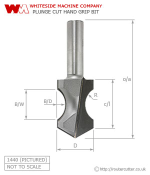 2 Flute carbide tipped Whiteside 1440 plunge cut hand grip router bit for hand grip cut-outs in timber doors, drawers and large heavy boxes. Use 1440 with Whiteside B11 ball bearing and Whiteside LC-1/2 lock collar for trimming and pattern routing.