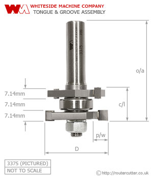 1/2" shank Whiteside 3375 tongue and groove assembly provide both tongue and groove cuts in timber.  One tool makes both cuts. The 3375 is ball bearing guided, cutting accurate and repeatable T and G joints in joinery and carpentry applications.