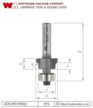 2 Flute tungsten carbide tipped Whiteside 2630 laminate trimming router bit for simultaneous flush trim and roundover. The 2630 produces a 1.59mm (1/16") radius roundover and is fitted with the Whiteside B3 steel ball bearing with o.d. 12.7mm.