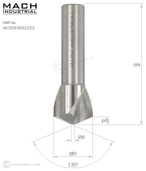 Mach Industrial 135 degree spiral v-groove router bit for ACM bending. Aluminium composites Dibond, Alucobond. 135 Degree included angle for 45 degree ACM aluminium composite panel bending. CNC production ACM cutting; signage and neon displays.