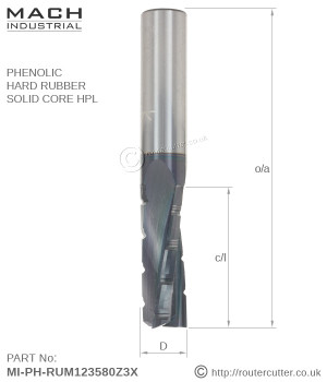 Mach Industrial MI-PH solid tungsten carbide up cut 3 flute spiral router bits for abrasive man-made boards like Phenolic, Hard rubber and solid core HPL. Premium harder grade tungsten carbide with a nano coating for longevity.