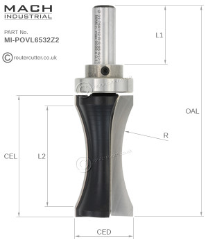 Designed for trimming operations witha router, Mach Industrial MI-POVL6532Z2 Oval Edge trim pattern or template router bit. For edge finishing of thicker stock with an oval edge finish or elliptical edge finish. CNC edge finishing of thicker boards.