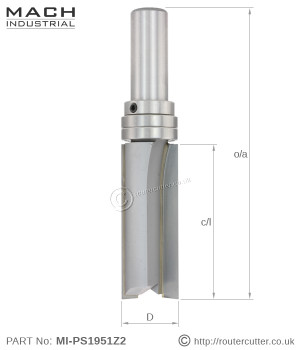 3/4" Mach Industrial MI-PS1951Z2 straight cut pattern router bit with double ball bearing guide. Tungsten carbide tipped flush trimming router bits for pattern or template routing. Shank installed ball bearing guide and locking collar.