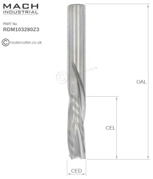 Mach Industrial Solid Tungsten Carbide 3 Flute Down Cut Spiral Router Bits for quality bottom edge finish. 3 Flute spirals for faster feed rates and high quality finishing pass. Reduces up lift on small parts and thin boards, reduces load on holddown