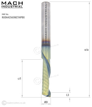 Mach Industrial Nano Coated 1+1 Compression Spiral router bits feature high grade harder tungsten carbide and a 4500Hv hardness nano coating, increaasing resistance against heat and abrasion. Recommended for demanding CNC applications like nesting.