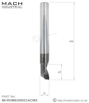 Mach Industrial MI-RUD61050Z1ACMX spiral up cut 1 flute router bits with DCL coating. Machined from high grade carbide for cutting in high demand CNC applications. Specialized for cutting aluminium composite material (ACM) like Dibond and Alucobond.
