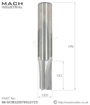 3 Flute, premium grade solid tungsten carbide, Mach Industrial straight cut router bits for CNC plunging and milling operations. 3 Flute router bits for higher CNC feedrates. Ideal for side milling and surface milling of MDF, HDF, plywood, softwood,