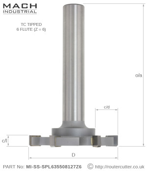 6 Flute tungsten carbide tipped Mach Industrial MI-SS-SPL254508127Z6 solid surface trimming and grooving router bit. Primarily for spline joint groove cutting and excess adhesive trimming when jointing solid surface worktops.