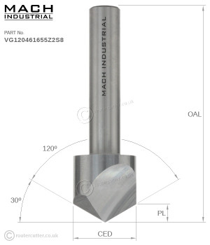 8mm Shank Mach Industrial MI-VG120461655Z2S8 V-groove 120 degree solid tungsten carbide router bit for 2D 3D carving. CNC and hand carving, engraving and lettering. 16mm Cutting edge diameter CED. V groove point length PL of 4.55mm.