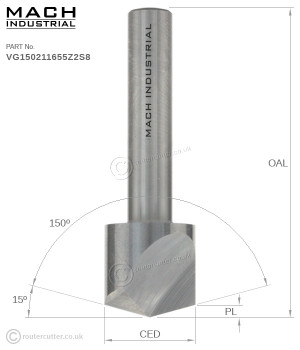 150 Degree V-groove Mach Industrial solid tungsten carbide router bit for 2D 3D carving on CNC or hand held router.