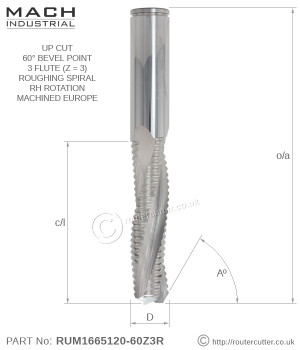 Mach Industrial RUM1665120-60Z3R Up Cut 3 Flute Bevel End Roughing Spiral