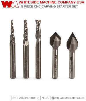 Whiteside 705 Starter carving router bit set includes Whiteside 1502 v-groove 90 degree, Whiteside 1550 v-groove 60 degree, Whiteside RU2075 up cut spiral, SC64 and SC66 ball conical spiral bits. Set 705 for 2D 3D carving, engraving and lettering.