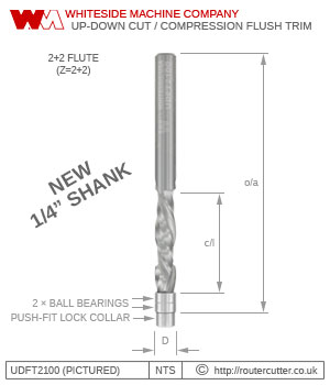 2+2 Compression flush trim bit for laminates, plywood, hardwood, softwood, MFC, MDF and HDF. 1/4" Shank Whiteside UDFT2100 up down cut flush trim with double ball bearing guides, for joinery and luthiers, template and pattern routing, pin routers.