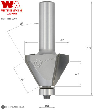 1/4" and 1/2" Whiteside Edge Bevel and Chamfer Router Bits for precise angles. 7 Degree, 15 degree, 22.5 degree, 25 degree, 30 degree and 60 degree router bits. Edge trimming and edge forming router bits. USA made quality. 2 Flute tungsten carbide.