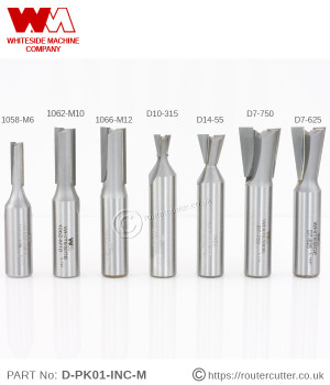 1/2" Shank Whiteside D-PK01-INC-M Metric Dovetail router bit pack for Incra Metric Dovetailing Systems. 7 Piece dovetail pack and includes 3 straight cut router bits and 4 dovetail router bits. Refer 6 piece Whiteside set 610 plus Whiteside 1066-M12.