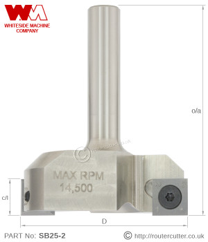 Whiteside SB25-2 straight cut spoilboard surfacing router bit for spoilboard surfacing and surface planing. Indexable replacement of cutting tips (carbide inserts) increases cutting life and makes the SB25-2 ideal for industrial CNC applications.