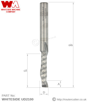 1/4" Shank Whiteside UD2100 Solid Carbide 1+1 Compression Spiral Router bit for best cut finish on both edges. Best finish on veneered and laminated boards. 1 Flute up cut and 1 flute down cut, also called 1+1 Up Down Cut spirals.