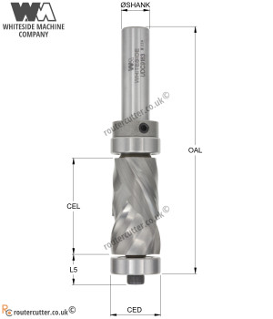 Ultimate solid carbide flush trimming spiral router bit with 2+2 compression and combination ball bearing format. Best quality edge finishing on veneered boards, hardwood and softwoods. Best edge finishing on end grains and edge grains.